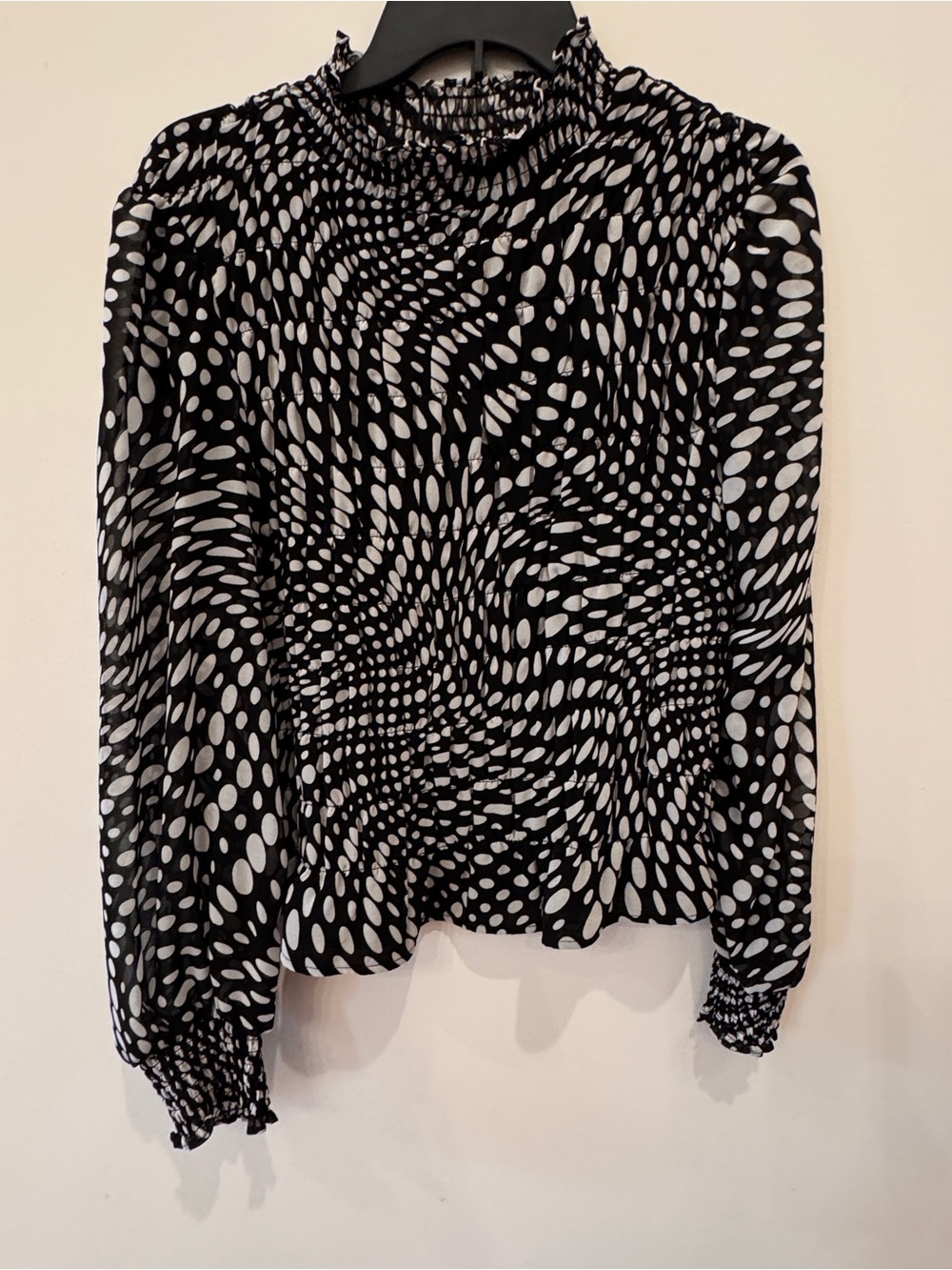 Sanctuary Black & White Swirl Dot Smocked-Neck Blouse
